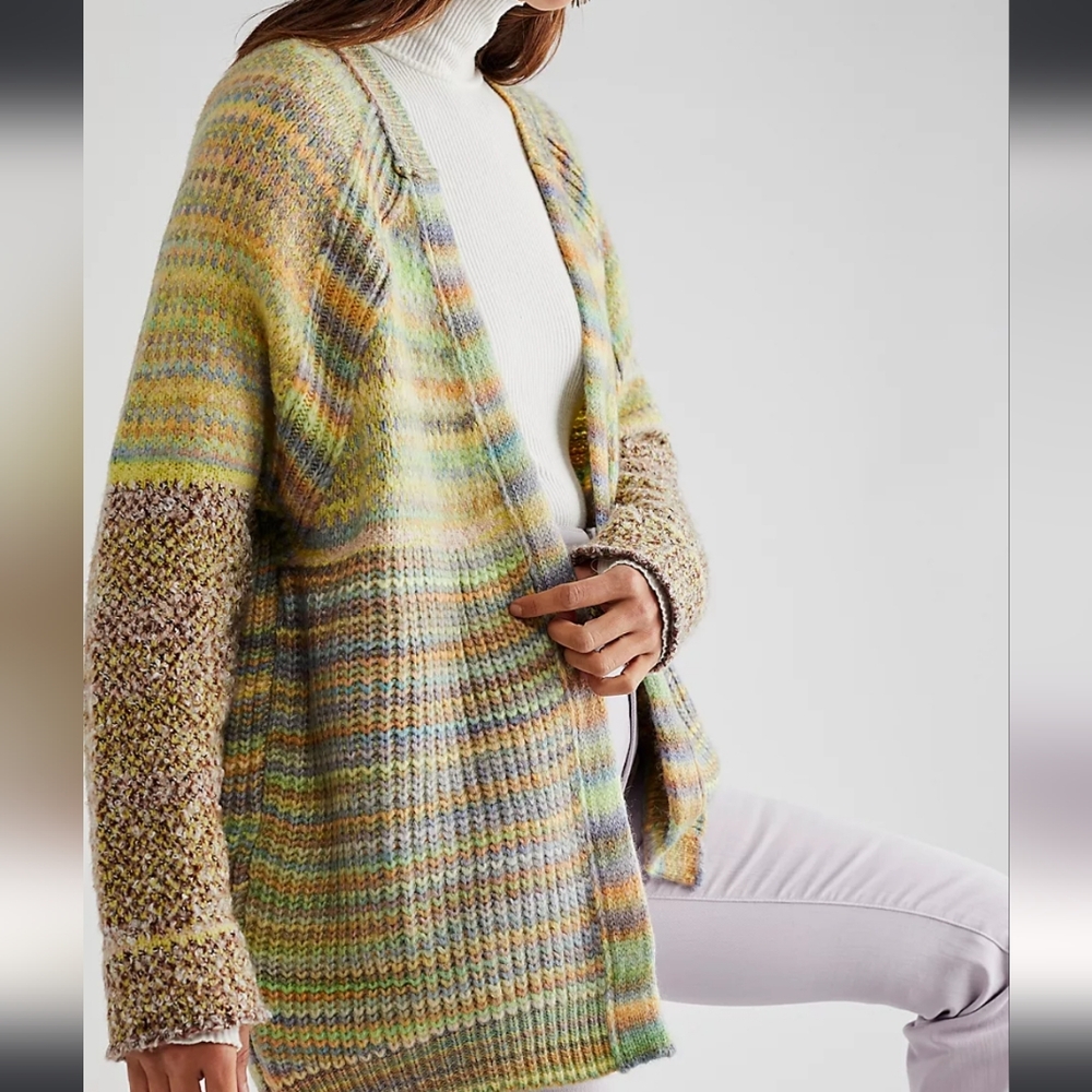 Free People Chocolate Lime Combo Sedona Cardi Sweater Size Med NWT - Picture 6 of 14